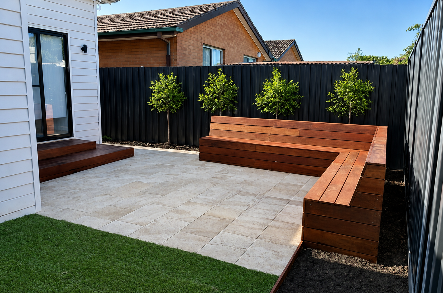Custom spotted gum L-shaped bench seating with large-format paving, feature trees and hardwood steps, Kingsville Melbourne