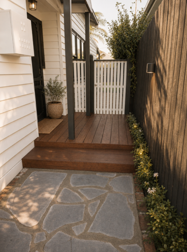 Hardwood timber entryway deck with step and crazy paving path, West Footscray weatherboard home