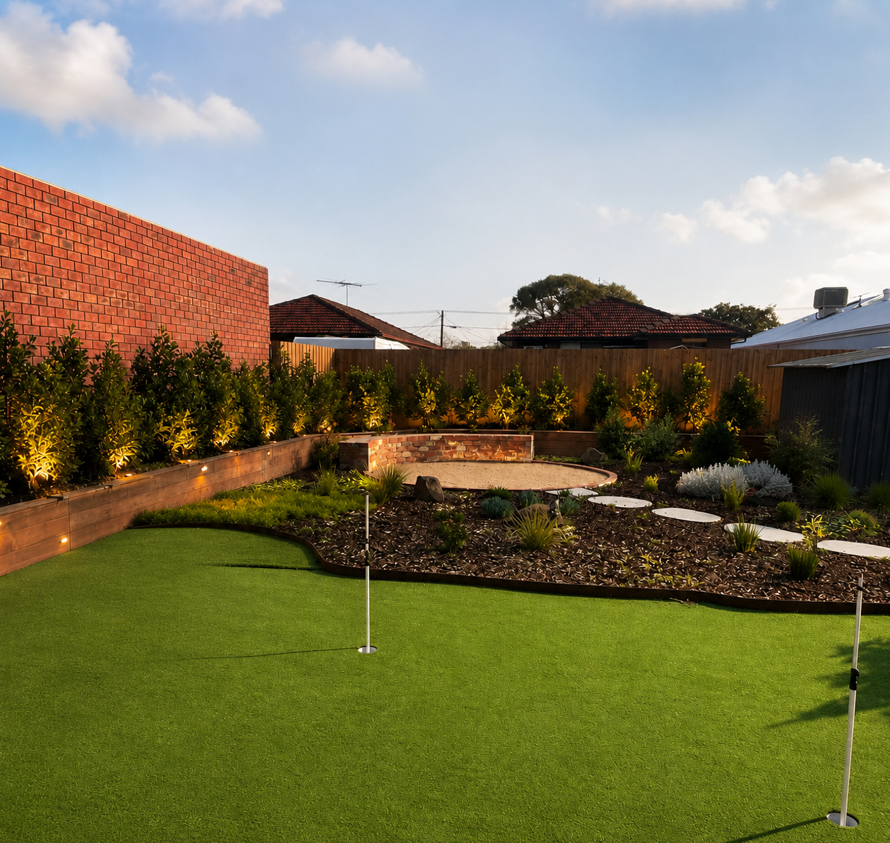 Backyard putting green with two holes, curved garden beds, stepping stones, firepit area and uplighting, Altona Melbourne