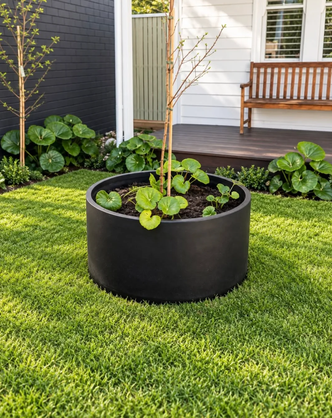 Matte black feature tree ring in a Kensington lawn, with a young tree and round-leafed underplanting beside a timber porch
