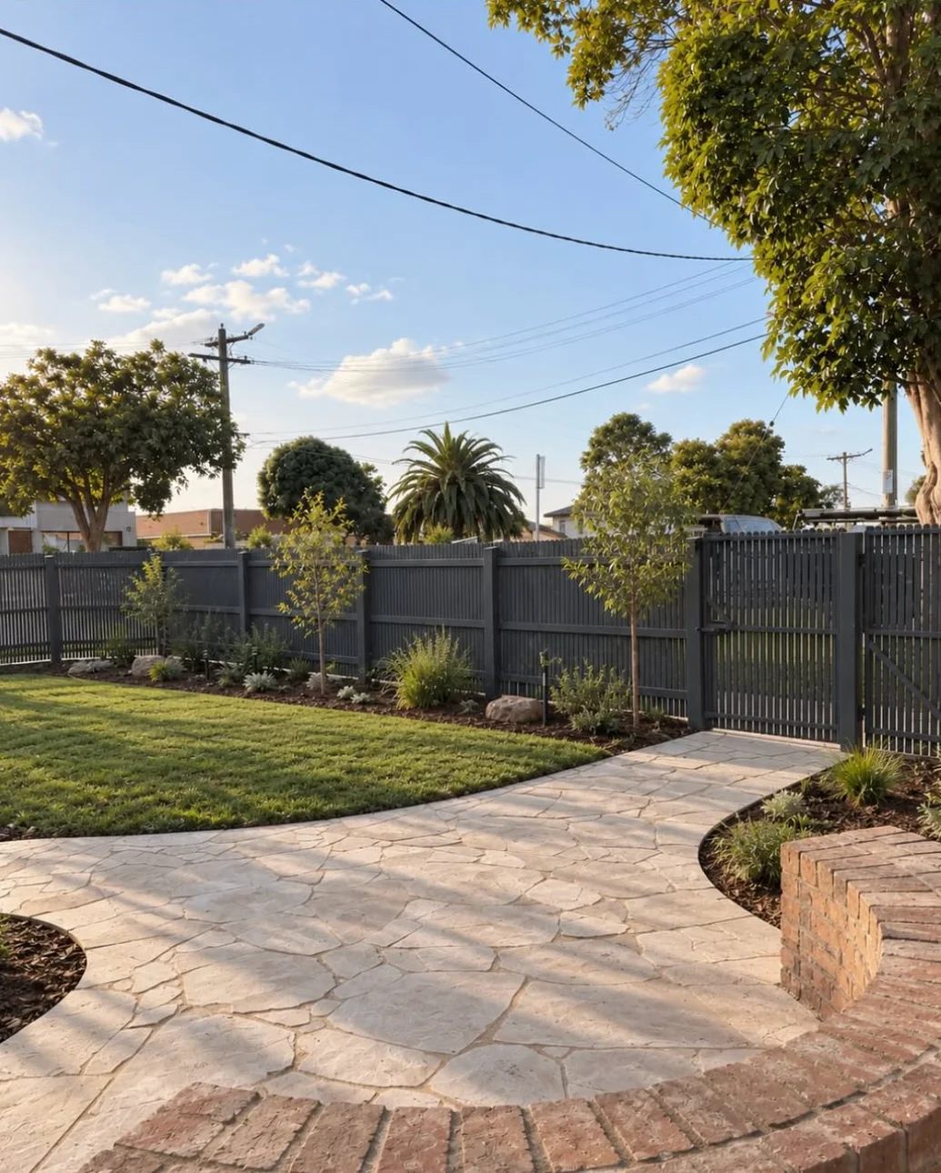 Curved natural stone crazy paving path through a new lawn and native garden beds in a Thornbury front yard