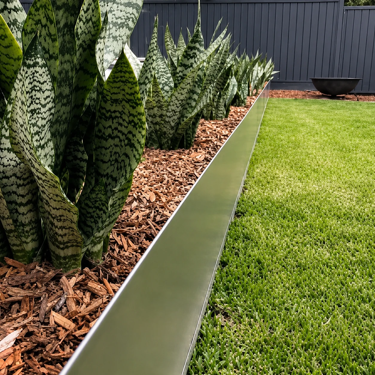 Steel garden edging with Sansevieria planting and turf Melbourne