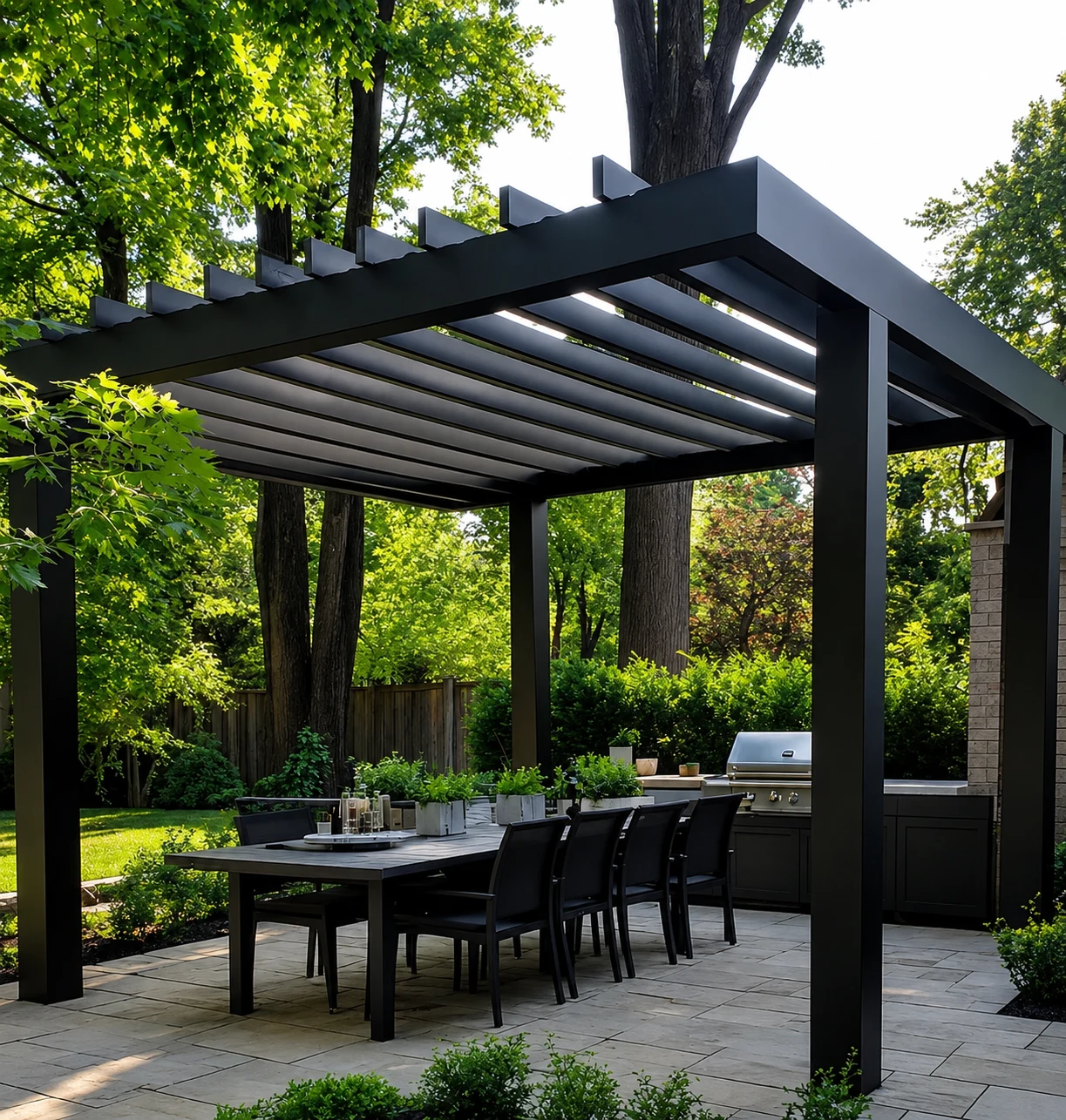 Modern louvre pergola with outdoor dining and BBQ kitchen Melbourne