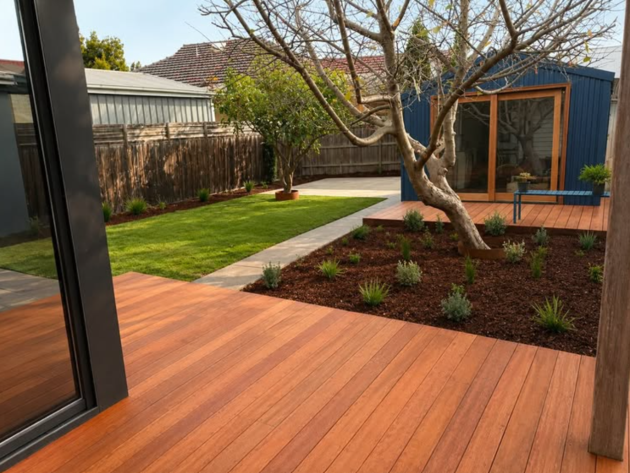 Backyard transformation in West Footscray with timber deck, new lawn, garden beds and layered planting around established trees